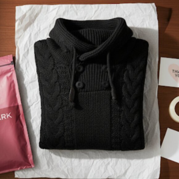 NWT Men's Black Cable Knit Cowl Neck Sweater | Button Detail Pullover - Picture 2 of 6